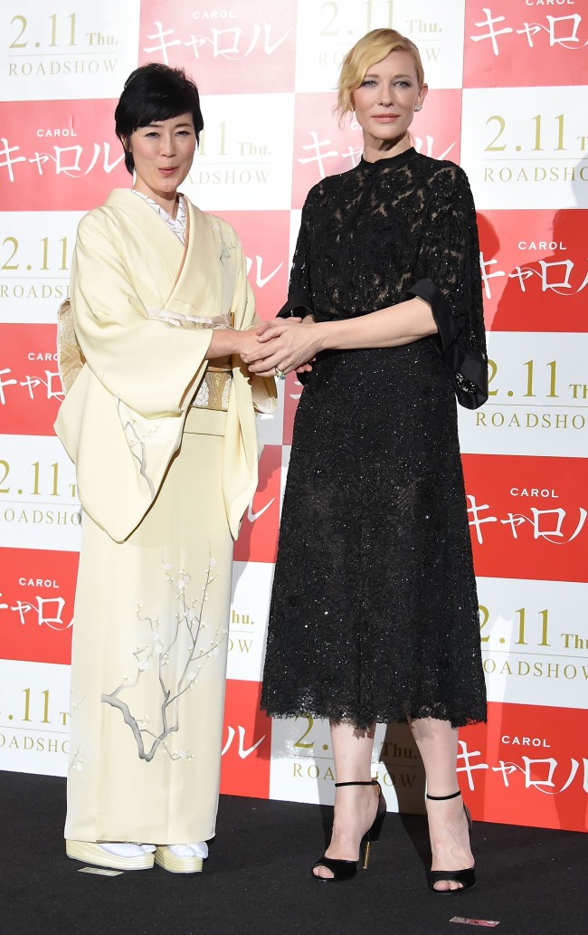 TOKYO, JAPAN - JANUARY 22:  Actresses  Cate Blanchett and Shinobu Terashima attend the stage greeting for 'Carol' at Roppongi Hills on January 22, 2016 in Tokyo, Japan.  (Photo by Jun Sato/WireImage)